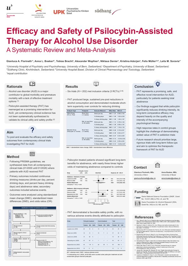 First page of the research poster “Efficacy and Safety of Psilocybin-Assisted Therapy for Alcohol Use Disorder”