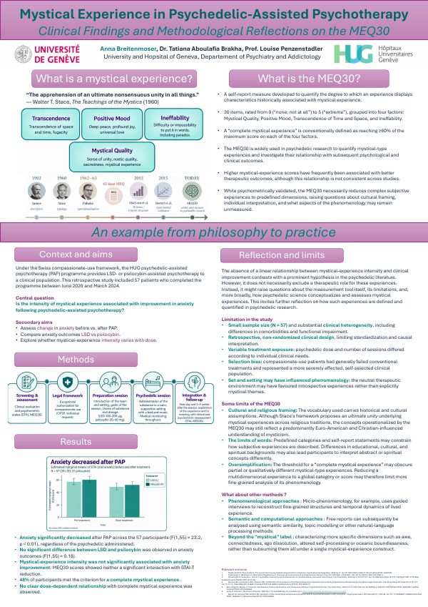 First page of the research poster “Mystical Experience in Psychedelic-Assisted Psychotherapy: Clinical Findings and Methodological Reflections on the MEQ30”
